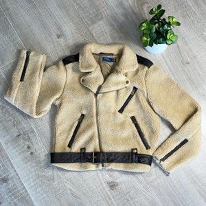 POLO RALPH LAUREN Sherpa Fleece Moto Jacket Leather Trim Women’s Size Small